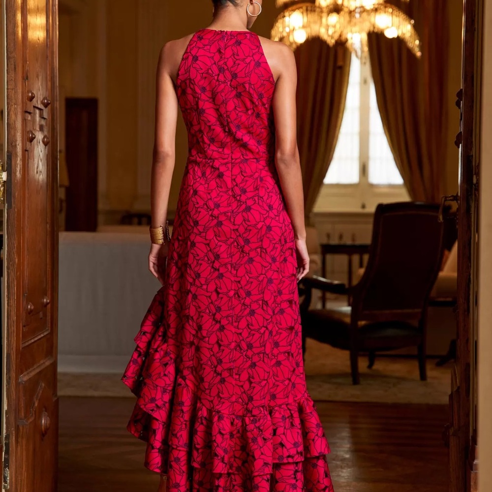 High-neck floral lace red maxi dress with layered ruffle asymmetric hem. Size 6 - Picture 3 of 9
